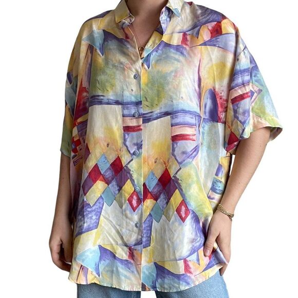 Vintage 80s Womens 100% Silk Sheer Sexy Floral Button Down Geometric Blouse Sz L - Picture 2 of 7